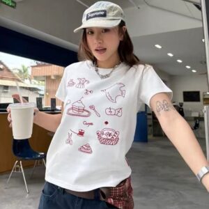 MML6836Original print [40 pieces of 1 * 1 fine cotton+threaded collar+wrapped shoulder] round neck short sleeved women's