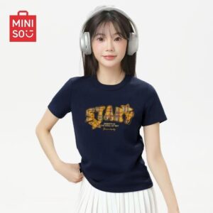 MML6830Original print [40 pieces of 1 * 1 fine cotton+threaded collar+wrapped shoulder] round neck short sleeved women's