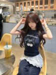 MML6870 Original print [40 pieces of 1 * 1 fine cotton+threaded collar+wrapped shoulder] round neck short sleeved women's