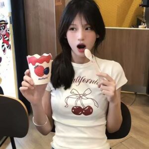MML6870 Original print [40 pieces of 1 * 1 fine cotton+threaded collar+wrapped shoulder] round neck short sleeved women's