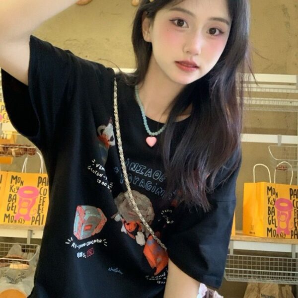 MML6851Original print 【 21 pieces of 220g pure cotton+large size+threaded collar+wrapped shoulder 】 round neck short sleeved women