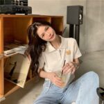 5332602025 Korean Bear Short sleeved T-shirt Women's New Summer Design Sense Short Drawstring Polo Collar