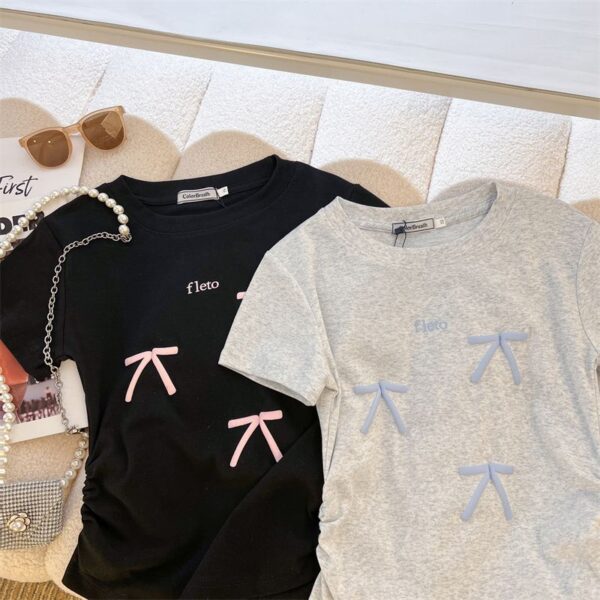 208002-12025 (92 cotton/8 spandex) 40 count 210g pure cotton foam bow design short sleeved T-shirt