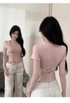 148035Pure desire black irregular letter shoulder short sleeved T-shirt for women's summer 2025 new style, with inner base and slim fit on top