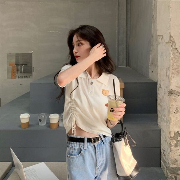 5332602025 Korean Bear Short sleeved T-shirt Women's New Summer Design Sense Short Drawstring Polo Collar