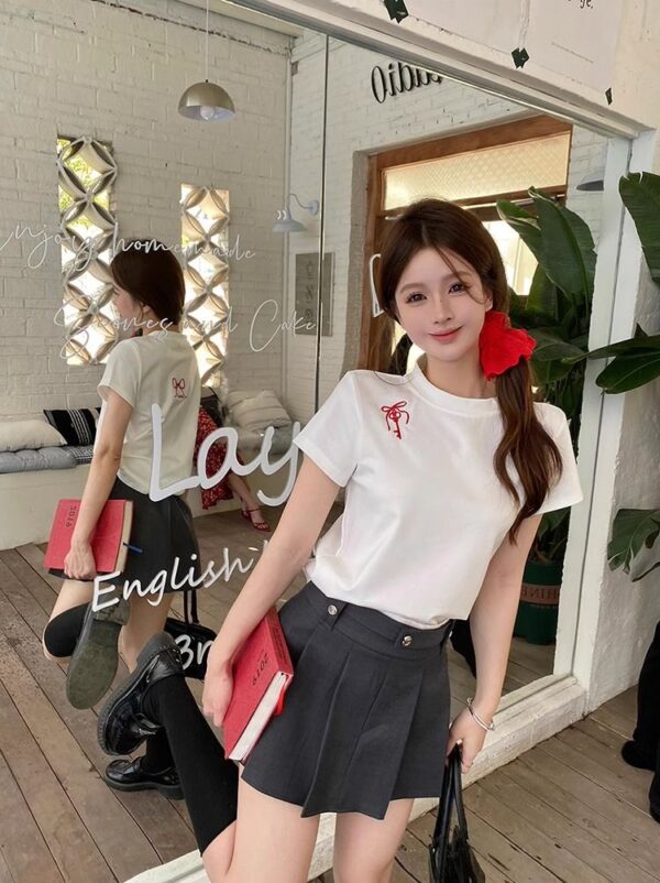 208542025 (100% cotton) 21 count 210g pure cotton embroidered bow short sleeved T-shirt for women loose fit