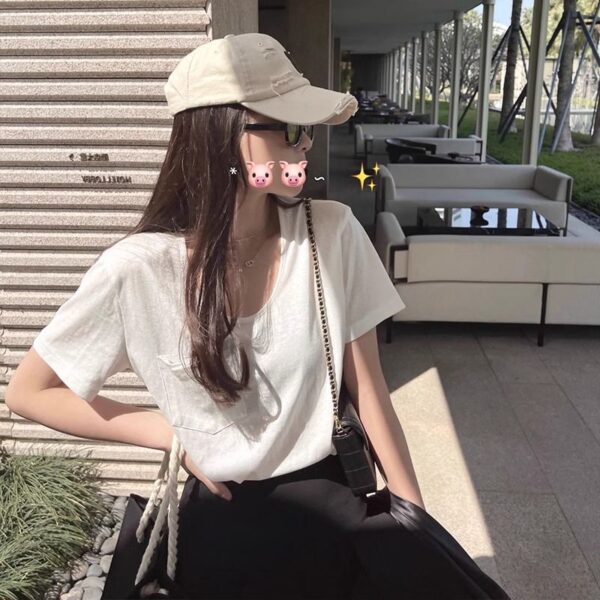 201512025 new 100% cotton, pure cotton, bamboo knot cotton pocket short sleeved T-shirt for women, loose oversized