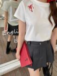 208542025 (100% cotton) 21 count 210g pure cotton embroidered bow short sleeved T-shirt for women loose fit