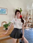 208542025 (100% cotton) 21 count 210g pure cotton embroidered bow short sleeved T-shirt for women loose fit