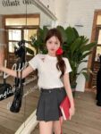 208542025 (100% cotton) 21 count 210g pure cotton embroidered bow short sleeved T-shirt for women loose fit