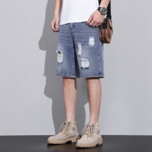 233#  Men's denim shorts for summer, thin, loose fit, trendy brand, 5-point mid length pants, Korean version, trendy ripped 5-point horse pants