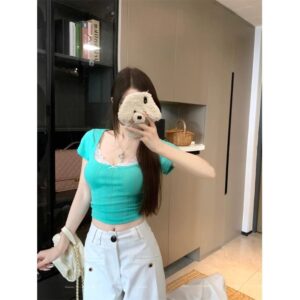 148036Korean green fake two piece short sleeved T-shirt for women's summer design, niche lace lace lace short style sweet and spicy girl top