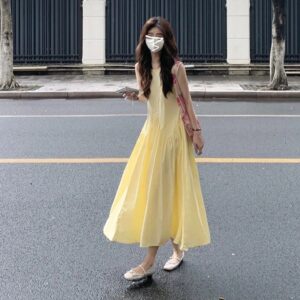 DS241French style sleeveless vest dress light yellow women's summer dopamine sweet anti-aging A-line skirt