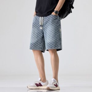 1312# Butterfly patterned denim shorts for men, elastic waist, summer thin design