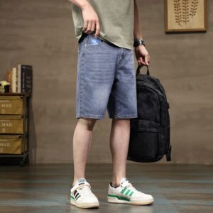 2505#  New men's denim shorts for summer 2025, trendy for teenagers, loose straight leg, five part printed elastic versatile mid length pants