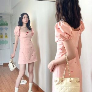 DS1742025 Summer New Small Fragrant Style Pink Square Neck Short sleeved Dress for Women, Sexy Short stature, French Sweet and Spicy Short Skirt