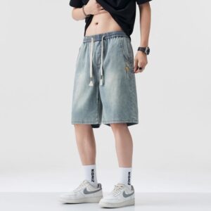 1319#  Tencel denim shorts men's elastic waist stretch five quarter pants