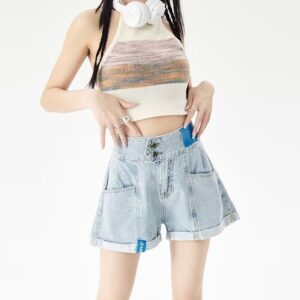 G5208Retro rolled denim shorts for women's summer 2024 new design sense, high waist, loose fit, slimming A-line, wide legs, hot