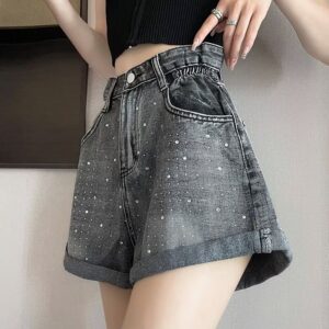 G5212High waisted denim shorts for women's summer 2024 new design, loose rolled edge hot stamping diamond A-line wide leg hot pants