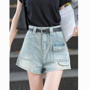 G5207Retro high waisted denim shorts for women's summer 2024 new design, slim and wide leg A-line hot pants