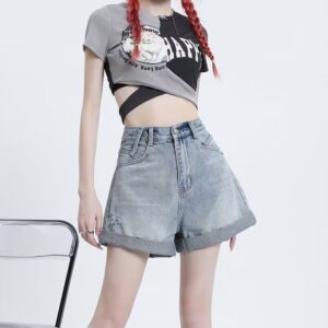 G5213-1High waisted rolled denim shorts for women's summer 2024 new design, slim and loose A-line wide leg hot pants