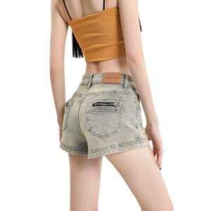 H4981-4Elastic ins spicy girl denim shorts women's design zipper pocket A-line bag buttocks summer high waist wide leg hot pants