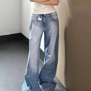 F13336  Light blue wide leg jeans for women in spring and autumn, with a low waist, loose fit, slimming effect, and white straight leg floor length pants
