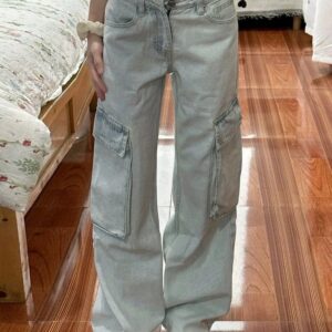 F13355 Light colored work pants for women in spring and autumn, new style for spicy girls, small stature, high waist, loose fit, slimming straight leg, floor dragging, wide leg denim