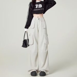 G3033-2Retro workwear jeans for women in autumn 2024, new design sense, high waist, loose fit, slim and wide leg pants