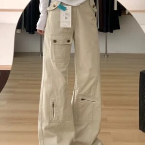 F13659-1Sand apricot wide leg denim work pants for women in winter, new multi pocket high waist loose fit slimming straight leg floor pants