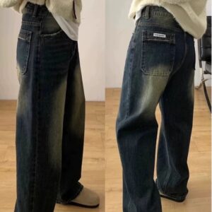 F13733Retro wide leg jeans for women in spring and autumn, new high waisted slim fit, narrow version, straight leg, floor length pants