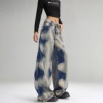 G3057-2Ink wash tie dye retro jeans for women in autumn and winter, high waist slimming straight tube, loose and casual, wide legs, mopping the floor