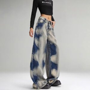 G3057-2Ink wash tie dye retro jeans for women in autumn and winter, high waist slimming straight tube, loose and casual, wide legs, mopping the floor
