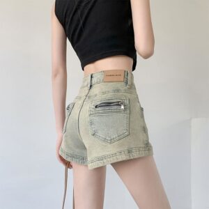 H4981-6Design Zipper Pocket Denim Shorts for Female Internet Celebrity New Hot Pants with High Waist, Straight Tube, and Elastic Wide Legs for Spicy Girls