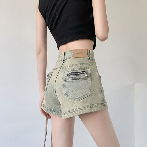 H4981-6Design Zipper Pocket Denim Shorts for Female Internet Celebrity New Hot Pants with High Waist, Straight Tube, and Elastic Wide Legs for Spicy Girls
