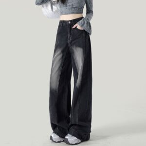 H2503-1Floor length wide leg black gray plus size jeans with women's patchwork design, high waist to cover hips, fat mm, loose hanging feeling, straight tube length