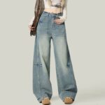 H2501-2High street light colored curved knife jeans for women, pear shaped to cover the flesh, spring and summer loose wide leg sickle pants, large size, floor length