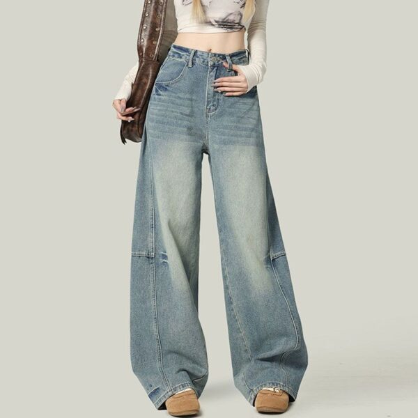 H2501-2High street light colored curved knife jeans for women, pear shaped to cover the flesh, spring and summer loose wide leg sickle pants, large size, floor length