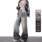 G3052-3Retro light colored wide leg jeans for women's summer high street design, loose and hanging feeling, high waist straight leg, floor mopping