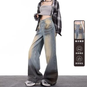 G3052-3Retro light colored wide leg jeans for women's summer high street design, loose and hanging feeling, high waist straight leg, floor mopping