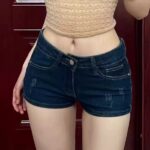 F13971Internet celebrity sexy low waisted spicy girl ultra short pants for women, worn out elastic tight hot pants for spring and summer, wearing dark blue denim shorts