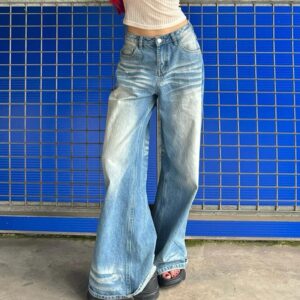 H2506-2Blue gray plus size jeans for women, with double-sided large pockets, high waist, wide leg pants, loose work pants, wide leg, washed and polished white jeans, women's floor length, American crease design, pear shaped figure, high waist, straight leg, loose and long... floor pants