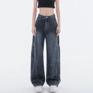 H2504-4Blue gray plus size jeans with women's design, double-sided large pockets, high waist, wide leg pants, loose work pants, floor pants