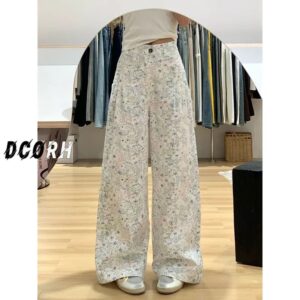 M764-1Fun graffiti design casual pants for women's spring and summer excitement, new lazy and relaxed feeling, straight tube hanging feeling, floor dragging wide leg pants