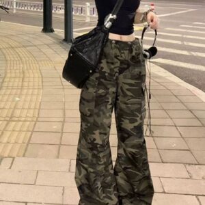 M771-2High street wide leg camouflage workwear jeans for women's spring and summer new style drawstring loose slimming straight leg casual pants