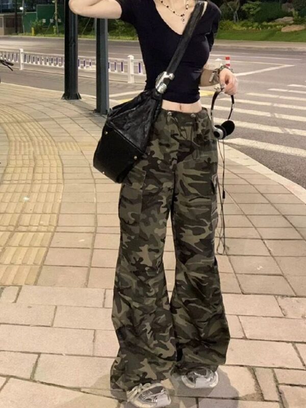 M771-2High street wide leg camouflage workwear jeans for women's spring and summer new style drawstring loose slimming straight leg casual pants