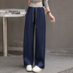 H01-1Lace up elastic curved knife pants for women, thick in size, high waist and wide leg jeans, with a hanging feeling, long pants for floor dragging, straight leg pants