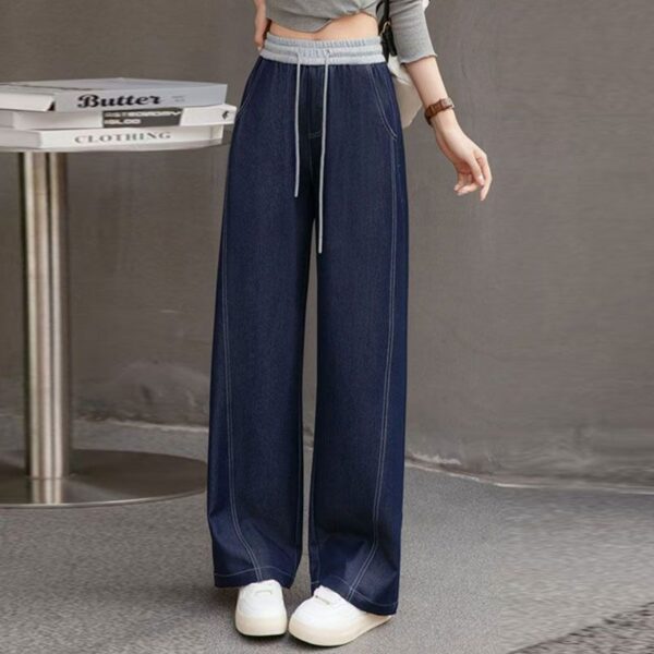 H01-1Lace up elastic curved knife pants for women, thick in size, high waist and wide leg jeans, with a hanging feeling, long pants for floor dragging, straight leg pants