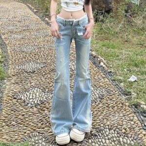 H144Large size low waisted jeans for women, light colored worn-out flared pants, fat mm patchwork lace straight leg horseshoe micro flared pants