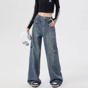 H2509-1Retro work pants women's American straight leg multi pocket design, loose plus size high waist fat mm wide leg denim pants